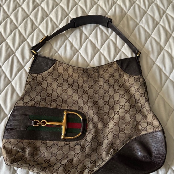 Gucci Brown and Tan Shoulder Bag with Iconic Horsebit Accent - Picture 1 of 6